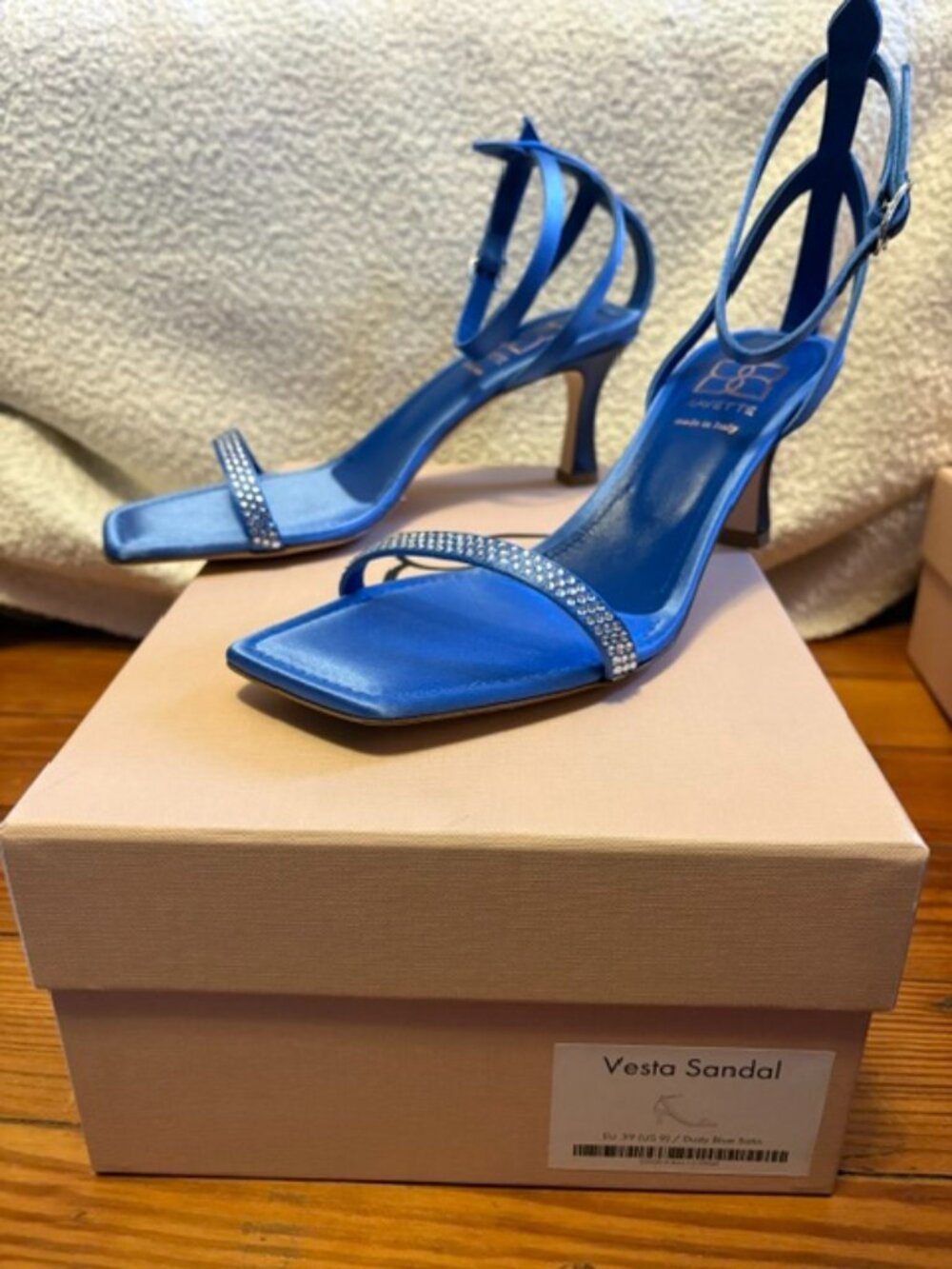 Mavette Vesta Sandal Dusty Blue Satin Strappy Heels EU 39 US 9 Italy NIB